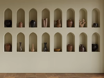 Wall Cabinets with Arched Niches Displaying Various Clay Pots and Vases in Modern Interior 3d model