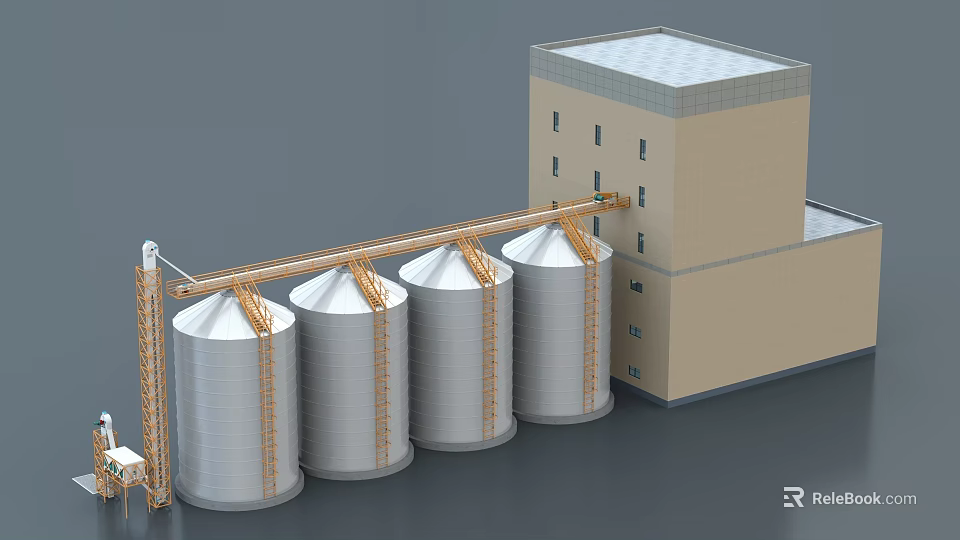 Industrial Equipment For Large Storage Tanks With Connecting Structure And Adjacent Building 3d model 