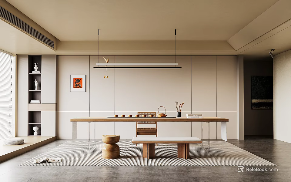 Modern Open Tea Room Interior With Wooden Table Tea Sets Bench Seating And Minimalist Decor 3d model 