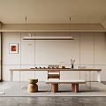 Modern Open Tea Room Interior With Wooden Table Tea Sets Bench Seating And Minimalist Decor