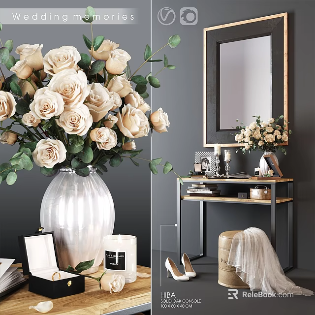 Elegant Vanity Table With Beige Roses Vase Mirror Photo Frame Candle And Shoes 3d model 