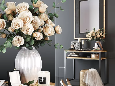 Elegant Vanity Table With Beige Roses Vase Mirror Photo Frame Candle And Shoes 3d model