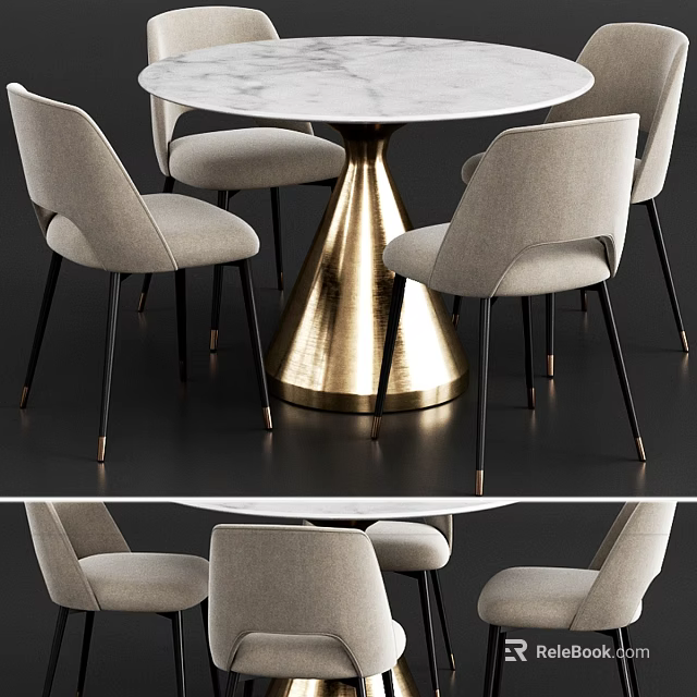 Modern Round Marble Dining Table With Gold Base And Gray Upholstered Chairs 3d model