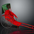 Red Rickshaw With Green Canopy And Three Wheel Structure On Gray Background With Reflection 3d model