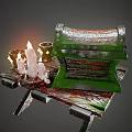 Ancient Green Treasure Chest With Lit White Candles And Green Cups On Wooden Platform