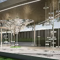 Modern Circular Pavilion With Metal Frame Curved Top in Grassland With Trees and White Doves