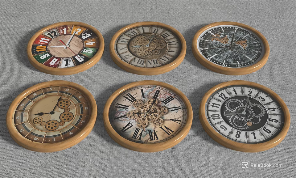 Six Vintage Geared Clock Ornament Set With Retro Decorative Design 3d model