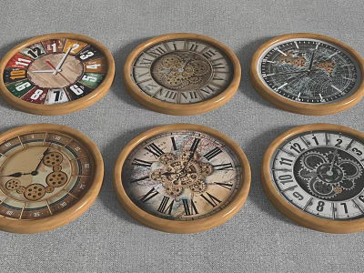 Six Vintage Geared Clock Ornament Set With Retro Decorative Design 3d model