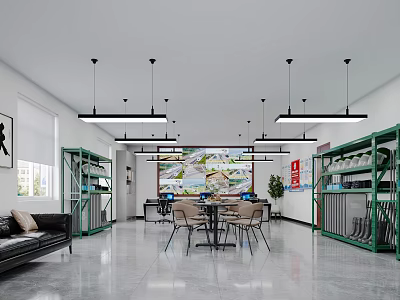 Bright Spacious Modern Open Office Interior With Comfortable Seats Storage Racks And Contemporary Pendant Lights 3d model