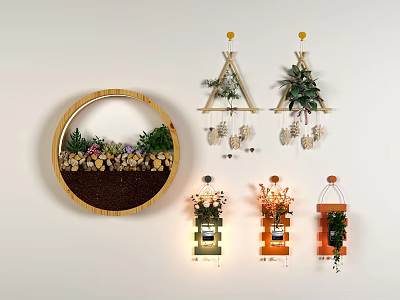 Creative Wall Decor Set with Circular Miniature Landscape Triangular Shell Hangings and Wooden Framed Planters 3d model