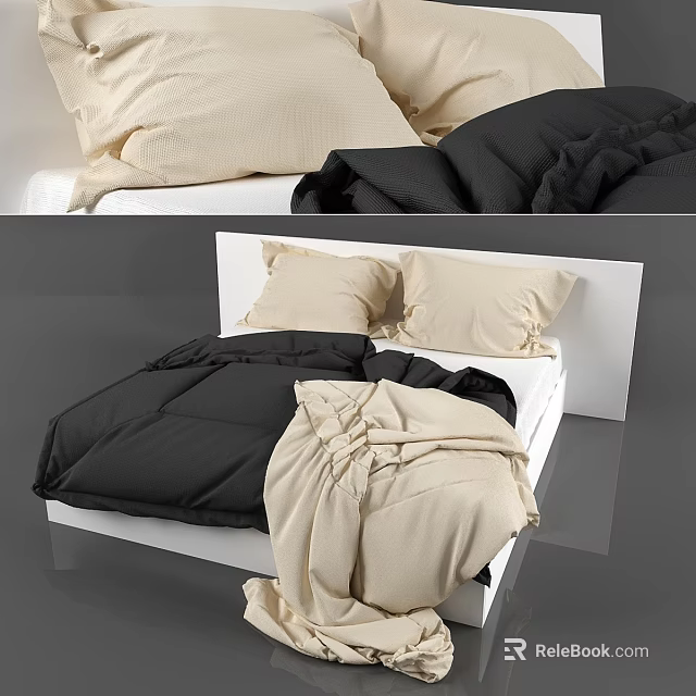 Modern Double Bed With White Headboard Beige Pillows And Black Comforter 3d model 