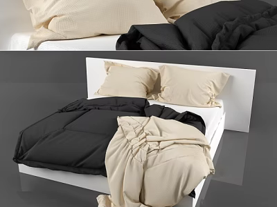 Modern Double Bed With White Headboard Beige Pillows And Black Comforter 3d model
