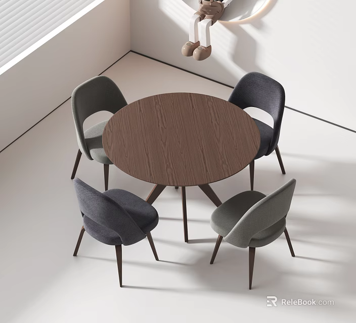 Modern Round Wooden Dining Table Set With Four Gray Chairs In Minimalist Interior 3d model 