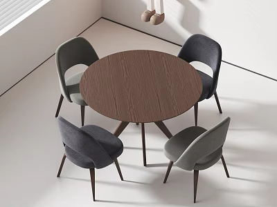 Modern Round Wooden Dining Table Set With Four Gray Chairs In Minimalist Interior 3d model
