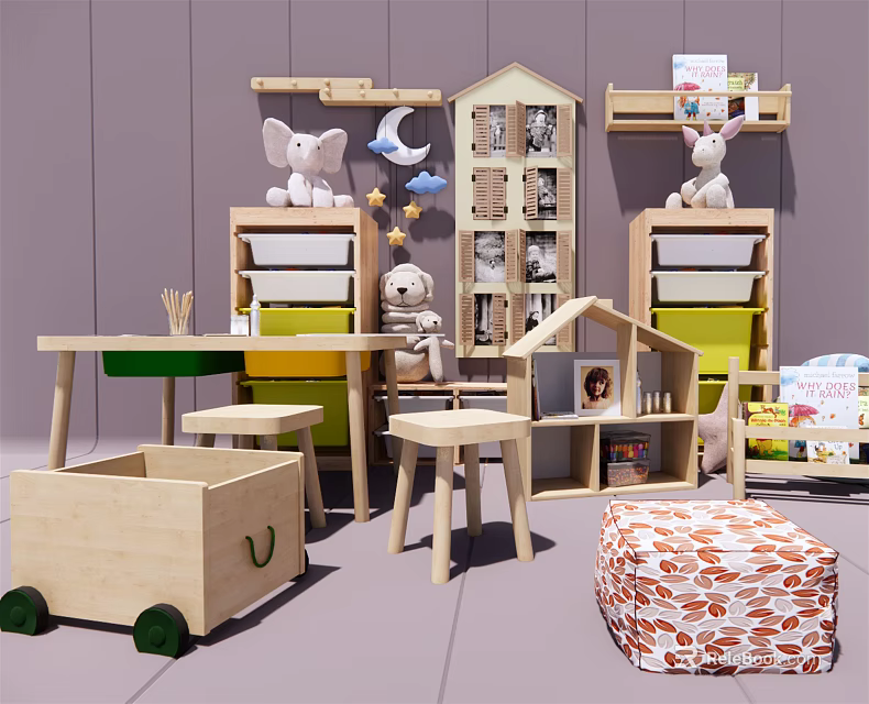 Wooden Children's Table Set With Stools Bookshelves Storage And Play Toys 3d model 