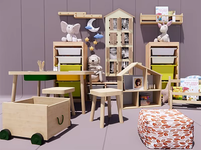 Wooden Children's Table Set With Stools Bookshelves Storage And Play Toys 3d model