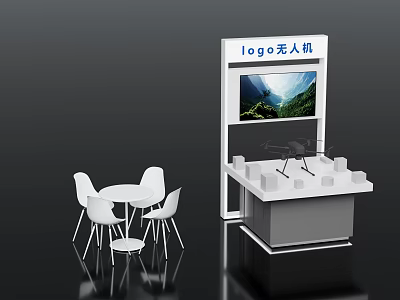 Modern Drone Display Stand With Logo And White Chairs Table Setup 3d model