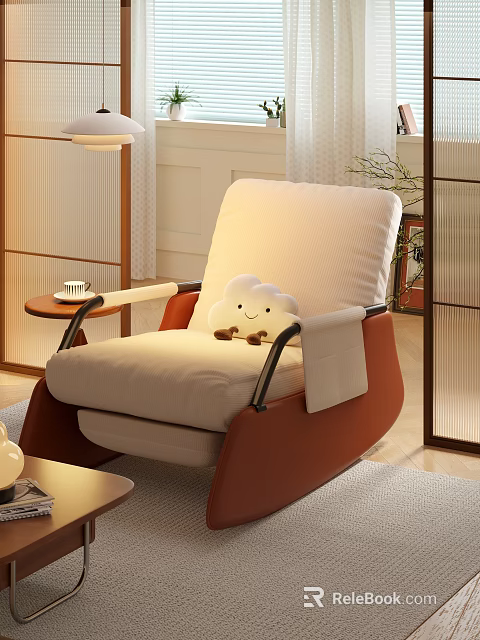 Warm Beige Sofa with Red Frame and Round Coffee Table Set Including White Cloud Doll 3d model 