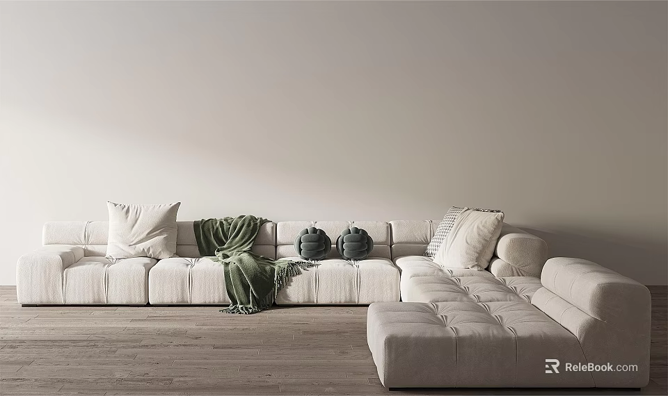 White Sectional Sofa with Plush Cushions Green Throw Blanket and Ottoman in Minimalist Room 3d model 