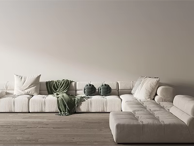 White Sectional Sofa with Plush Cushions Green Throw Blanket and Ottoman in Minimalist Room 3d model