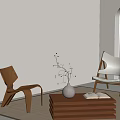 Wooden Table and Chair Set with Minimalist Design Vase Open Book and Window