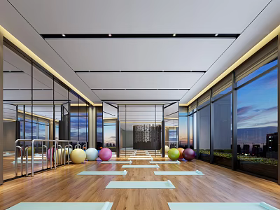 Modern Yoga Fitness Studio With Wooden Floors Yoga Mats And Colorful Exercise Balls 3d model