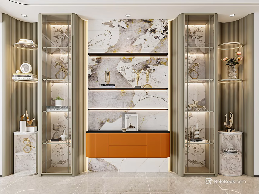 Elegant Modern Sideboard Interior With Gold Frame Glass Doors Orange Drawers And Marble Background 3d model 