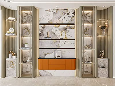Elegant Modern Sideboard Interior With Gold Frame Glass Doors Orange Drawers And Marble Background 3d model
