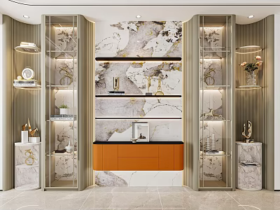 Elegant Modern Sideboard Interior With Gold Frame Glass Doors Orange Drawers And Marble Background 3d model