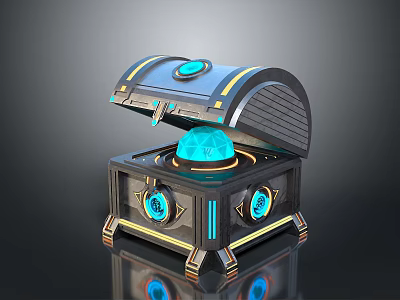 Stylish Metallic Treasure Chest With Glowing Blue Gem And Circular Decorations 3d model