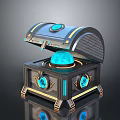 Stylish Metallic Treasure Chest With Glowing Blue Gem And Circular Decorations