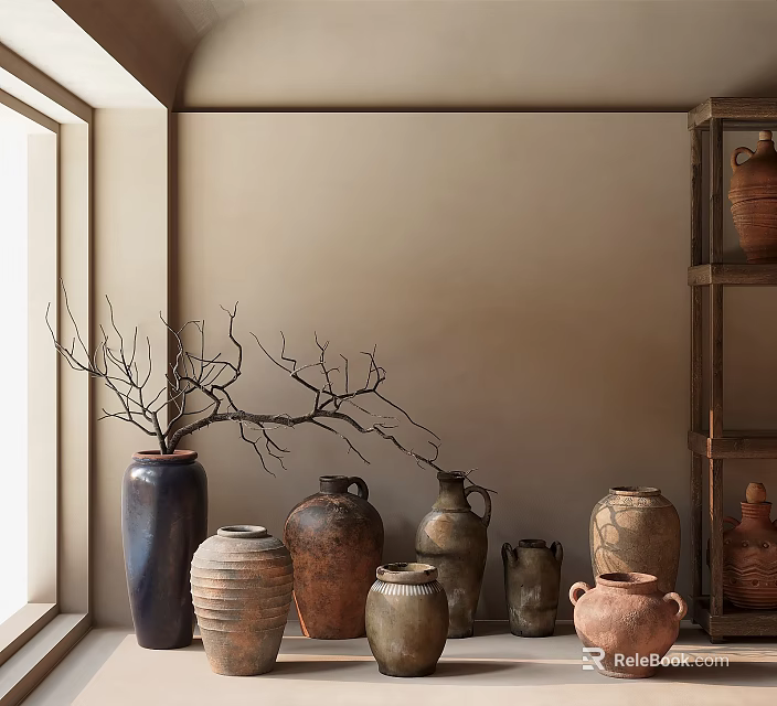 Rustic Ceramic Vessels Of Various Sizes In Window Corner With Wooden Shelf And Twigs 3d model 