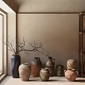 Rustic Ceramic Vessels Of Various Sizes In Window Corner With Wooden Shelf And Twigs