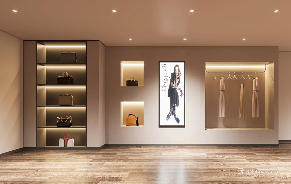 Modern Cloakroom With Illuminated Niches Bag Displays And Hanging Clothes 3d model 