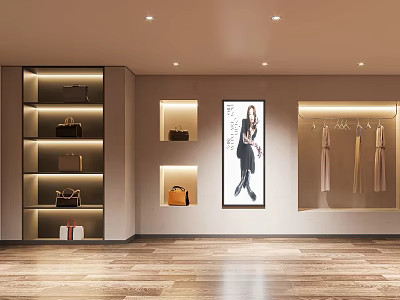 Modern Cloakroom With Illuminated Niches Bag Displays And Hanging Clothes 3d model