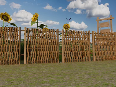 Decorative Wooden Garden Fence With Sunflowers Blue Sky White Clouds And Green Grass 3d model