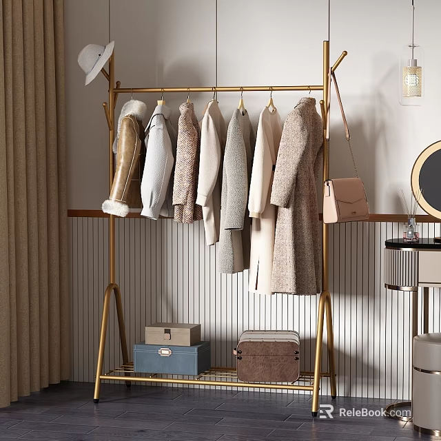 Golden Clothes Rack In Dressing Room Interior Hanging Coats Sweaters With Handbag And Storage Boxes 3d model 