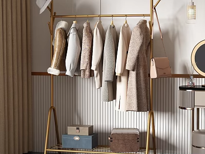 Golden Clothes Rack In Dressing Room Interior Hanging Coats Sweaters With Handbag And Storage Boxes 3d model