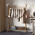 Golden Clothes Rack In Dressing Room Interior Hanging Coats Sweaters With Handbag And Storage Boxes