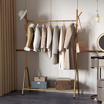 Golden Clothes Rack In Dressing Room Interior Hanging Coats Sweaters With Handbag And Storage Boxes 3d model
