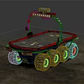 Industrial Flatbed Vehicle With Multiple Large Tires And Top Mounted Lights