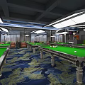 Modern Billiard Hall Interior With Pool Tables Blue Lighting And Patterned Carpet 3d model