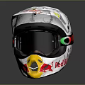 White Motorcycle Helmet With Red Bull Fox Logos Black Goggles And Racing Graphics