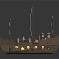 Wooden Sailing Ship with Three Sails Colorful Interior and Warm Lighting for Decorative