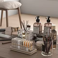 Stylish Organized Bathroom Accessories With Pump Bottles Diffusers Makeup Brushes And Organizer Tray