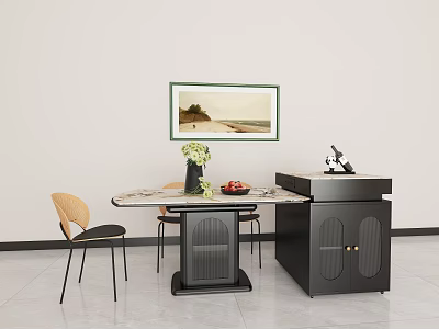 Modern Dining Table Set With Matching Chairs Side Cabinet Decorative Vase Fruits And Wall Painting 3d model