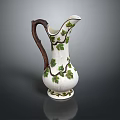 Household Decorative White Pitcher Featuring Green Leaf Branch Pattern and Brown Handle 3d model