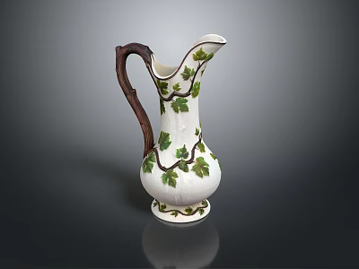 Household Decorative White Pitcher Featuring Green Leaf Branch Pattern and Brown Handle 3d model