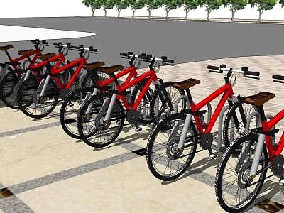 Red Bicycles Parked In Order On Paved Outdoor Area With Trees Background 3d model