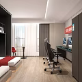 Modern Hotel Guest Room Interior With White Bed Pillows Gray Walls And Red Accent